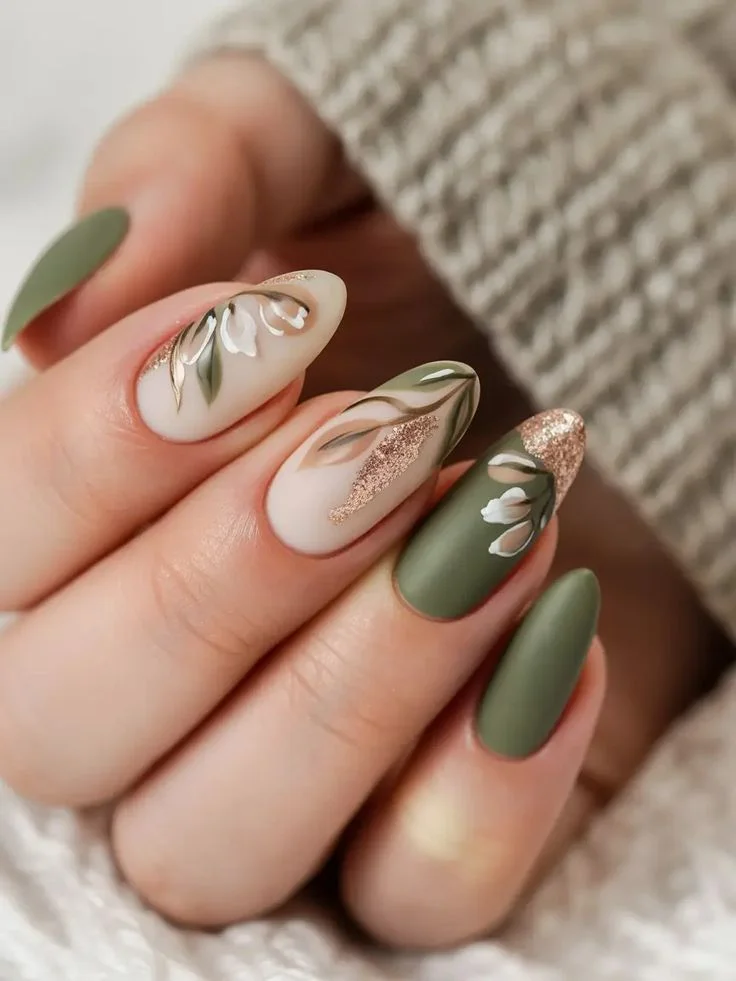 15 Fall Green Nails Ideas That Bring A Fresh Earthy Touch To Your Autumn Style 9 Sage And Cream Fall Nails