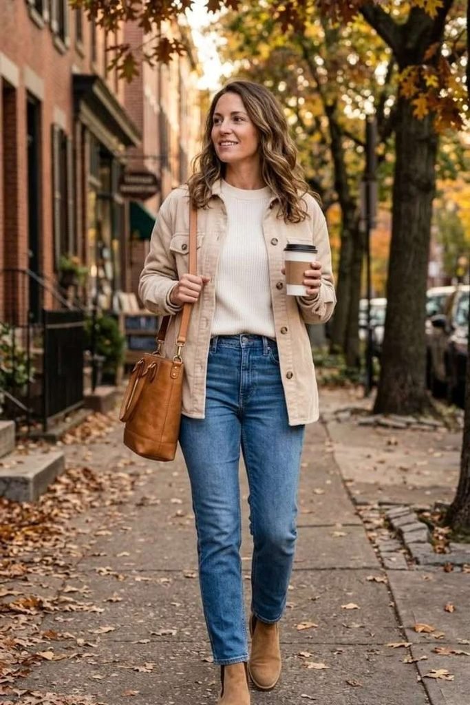 14 Fall Outfits Pumpkin Patch Ideas For The Cutest Autumn Day Out 7 Shacket With A Basic Tee And Jeans