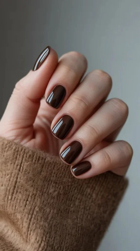 Short Chocolate Brown Glossy Nails