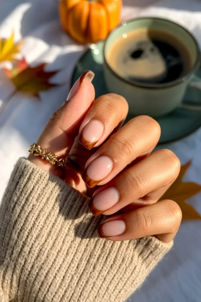 16 Fall Nails French Tip Ideas That Give A Classic Manicure A Cozy Autumn Twist 16 Short Fall French Tip Nails 1