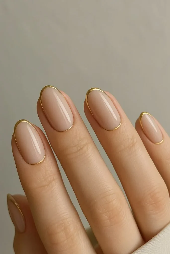 Short Nude Nails With Gold Details
