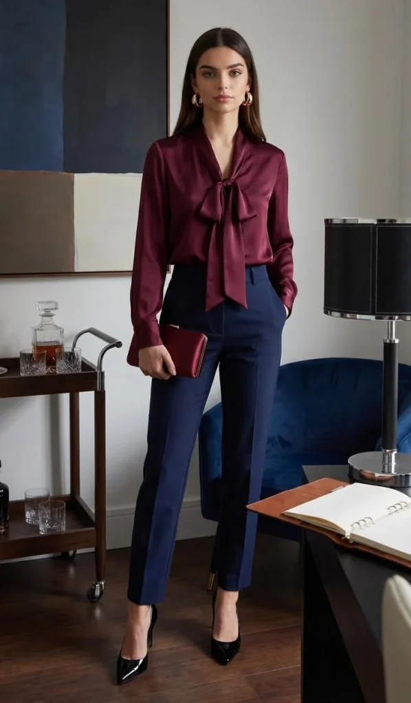 16 Fall Business Casual Outfits That Look Polished, Comfortable, and Effortlessly Stylish 12 Silk Blouse With Tailored Pants