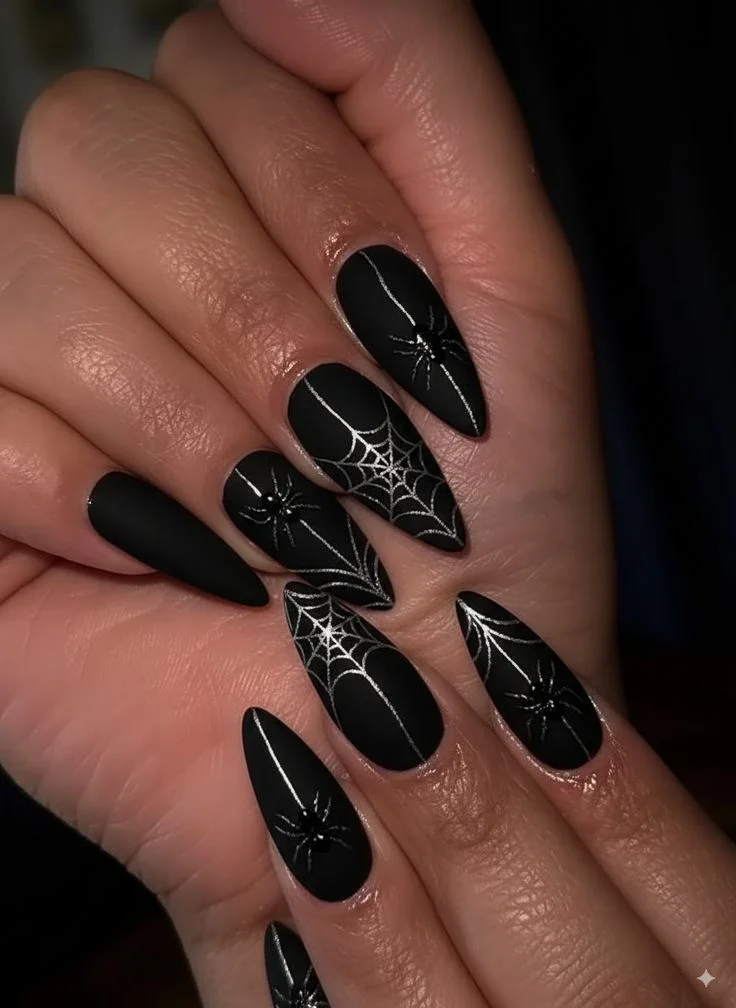14 Fall Halloween Nails Ideas That Mix Spooky Charm With Cozy Autumn Style 5 Spiderweb Black Halloween Nails