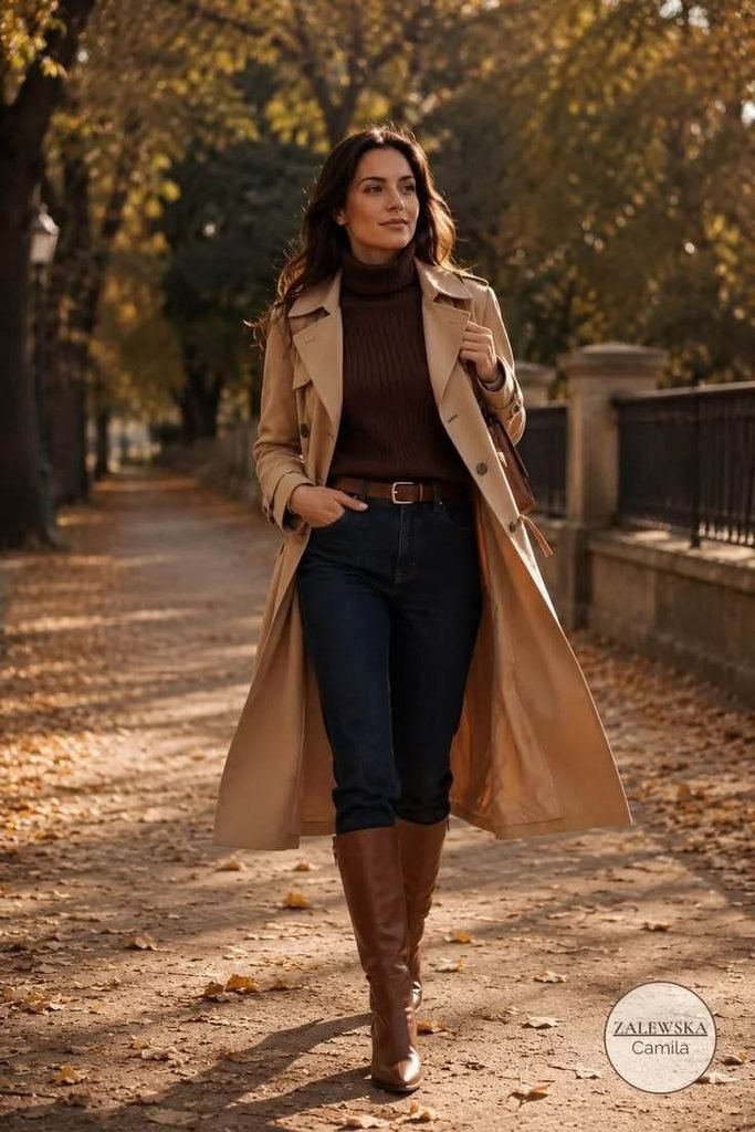 15 Fall Outfits With Boots That Make Every Autumn Look Feel Stylish 11 Trench Coat With Boots and Jeans