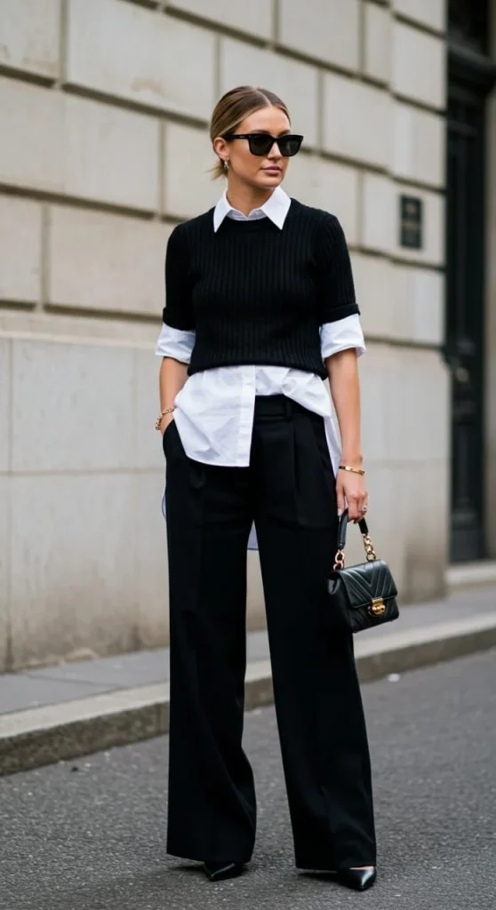 16 Classy Fall Outfits That Make Everyday Dressing Feel Effortless 7 White Shirt Layered Under a Sweater
