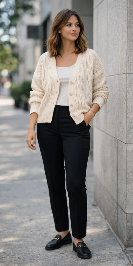 17 Simple Fall Outfits That Make Everyday Dressing Easy and Stylish 3 White Shirt With a Cozy Cardigan