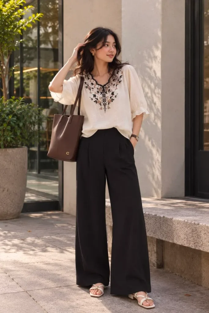 16 Boho Fall Outfits That Bring Cozy Free-Spirited Style to Autumn Days 6 Wide Leg Pants With an Embroidered Blouse