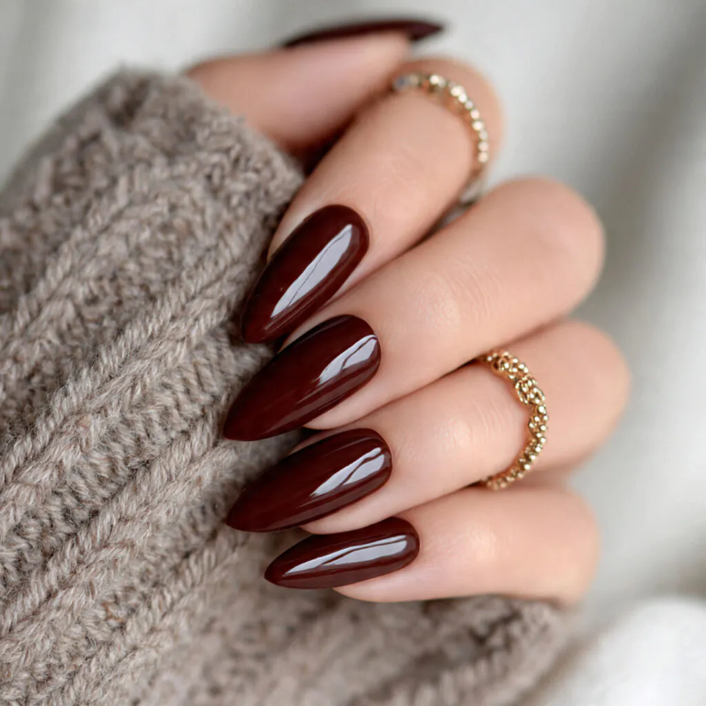 13 Trending Almond Nails That Are Everywhere Right Now (And Honestly… I’m Obsessed) 6 chocolate brown almond nails