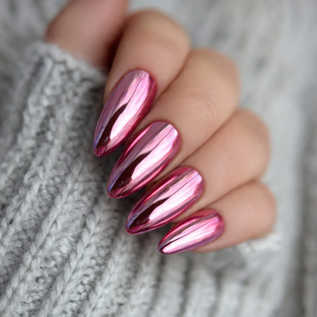 13 Pink Almond Nails That Are Cute, Classy, and Seriously Hard to Stop Staring At 9 chrome pink almond nails