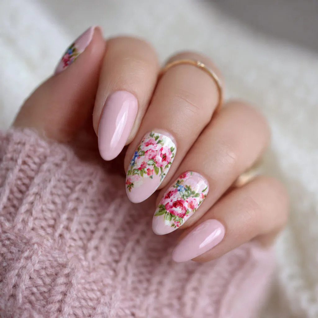 13 Pink Almond Nails That Are Cute, Classy, and Seriously Hard to Stop Staring At 10 floral pink almond nails