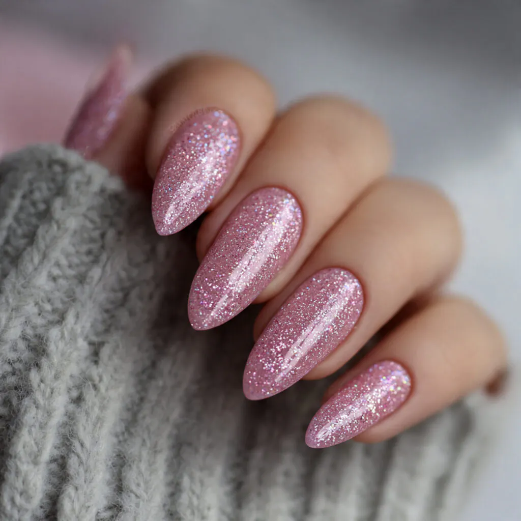 13 Pink Almond Nails That Are Cute, Classy, and Seriously Hard to Stop Staring At 5 glitter pink almond nails