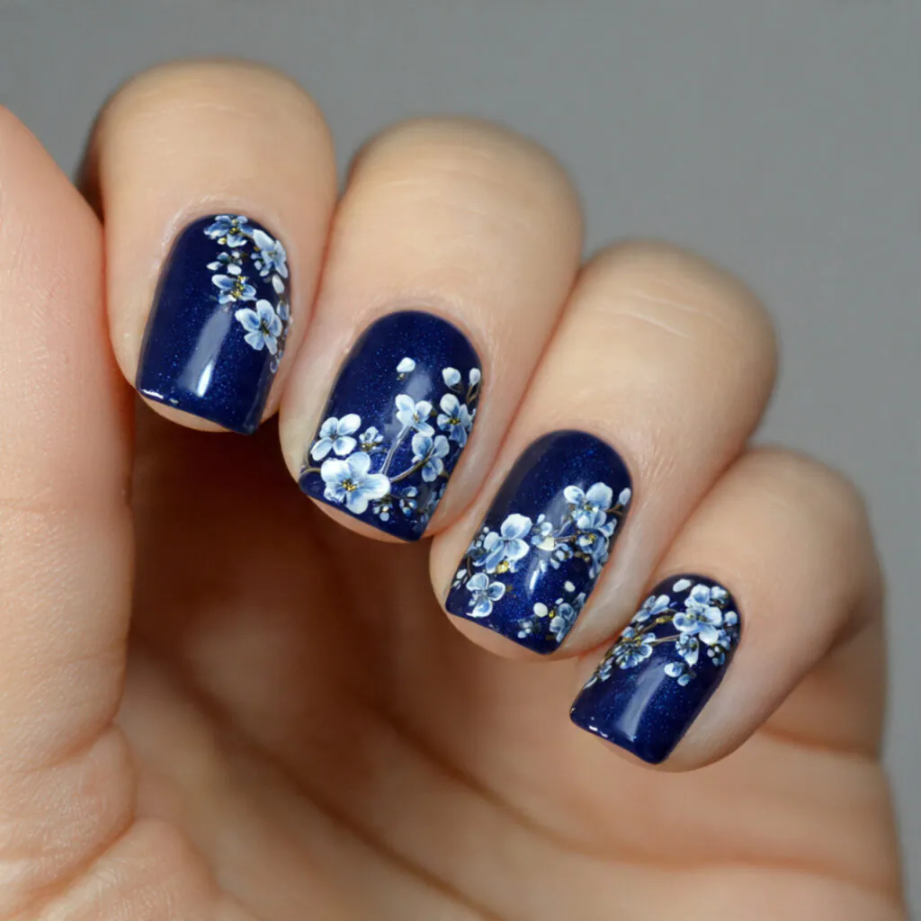 13 Navy Blue Nails Ideas That Look Expensive, Chic, and Totally Copy-Worthy 11 navy blue floral nails