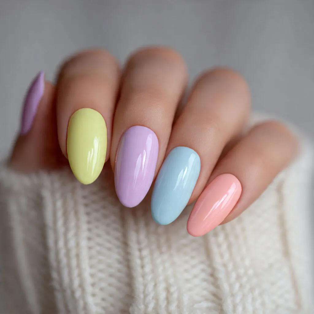 14 Short Oval Nails That Are Cute, Chic, and Seriously Easy to Wear Right Now 6 pastel rainbow short oval nails