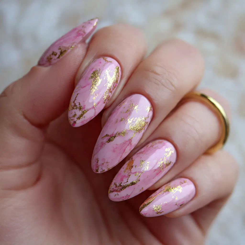 13 Pink Almond Nails That Are Cute, Classy, and Seriously Hard to Stop Staring At 12 pink almond nails with gold foil