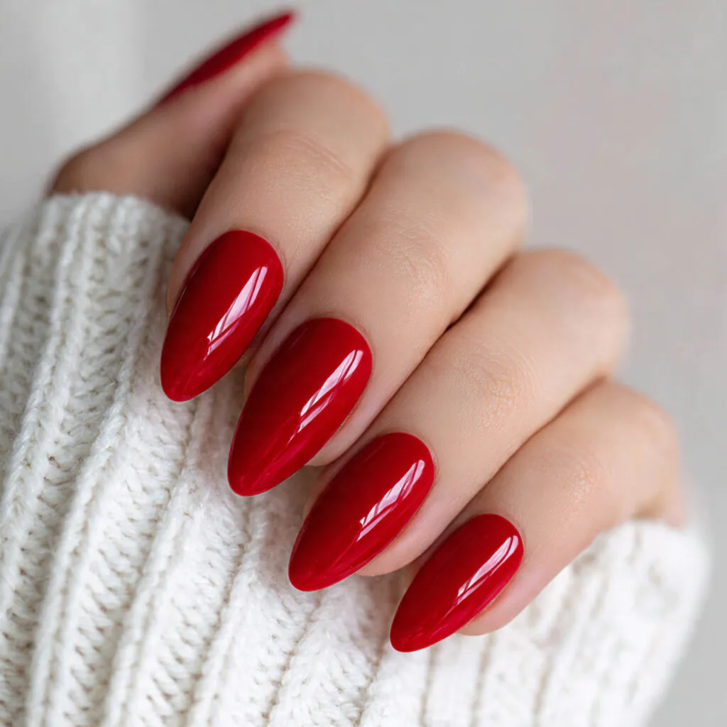 12 Almond Nails Designs That Instantly Make Your Hands Look Expensive (Yes, Even on Lazy Days) 9 red almond nails 1