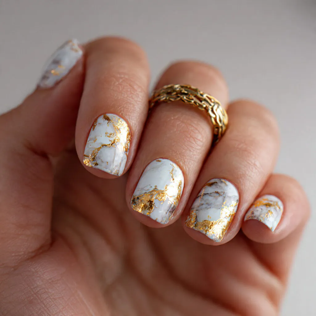 14 Short Nails Design Ideas That Make Your Hands Look Instantly Chic (Yes, Even If You’re a Minimalist) 8 short nails with gold foil