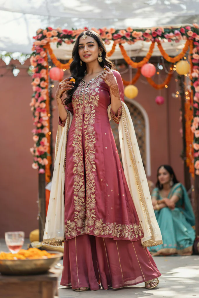 16 Mehndi Outfit Ideas That Bring Color, Comfort & Main Character Energy 16 Palazzo Pants With Embroidered Kurti