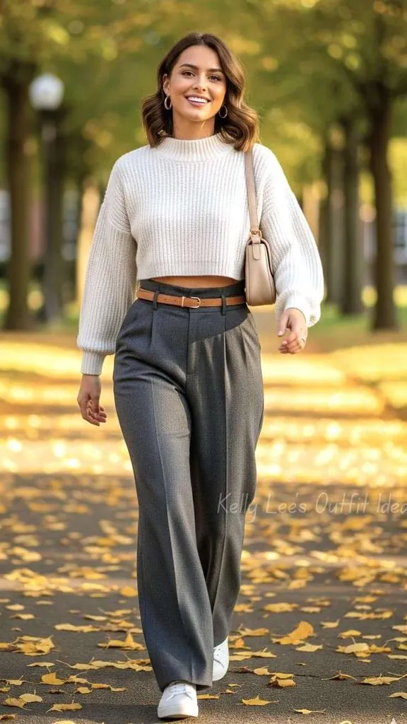 16 Simple Outfit Ideas That Look Effortless, Chic, and Actually Wearable 4 Knit Sweater Wide Leg Trousers